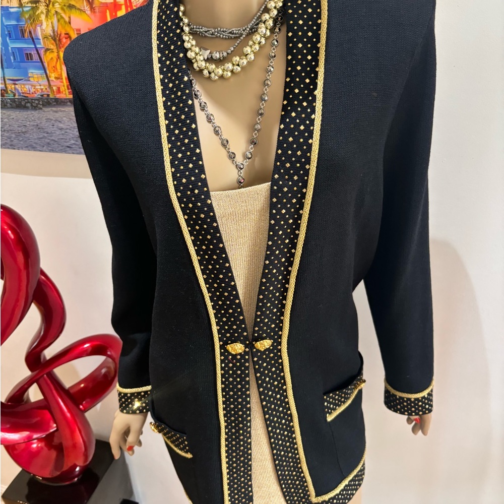 St. John Black Gold Blazer Trim 12 14 paillettes sequins evening embellished - Picture 6 of 10